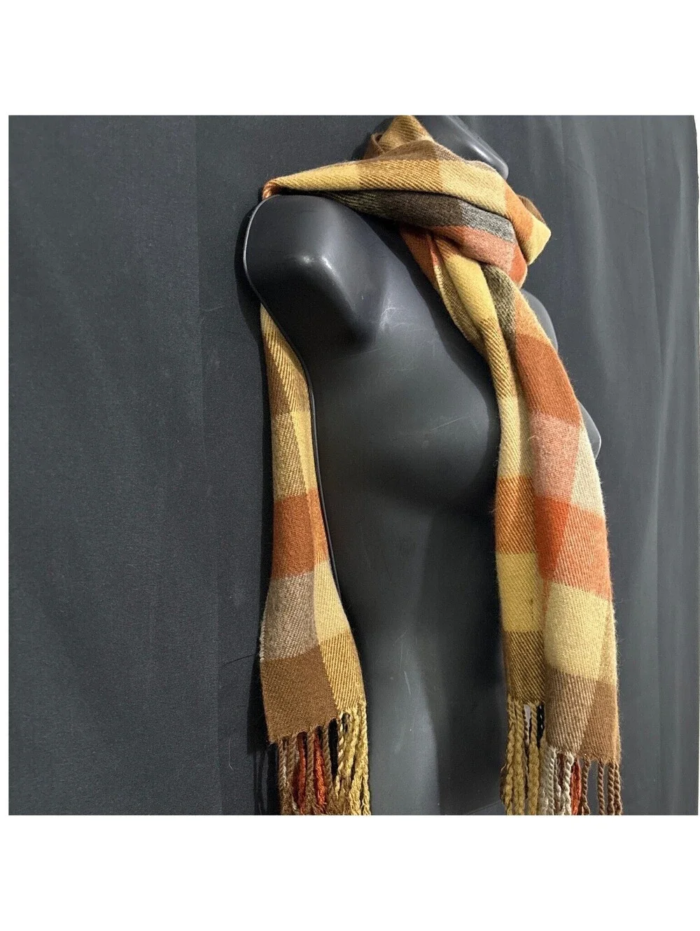 Jeffrey Banks Scarf Mens Chocolate Brown Orange Plaid Fringed Granola Gorpcore